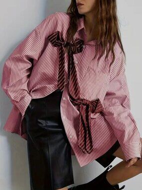 Bow Detail Oversized Striped Shirt Blouse